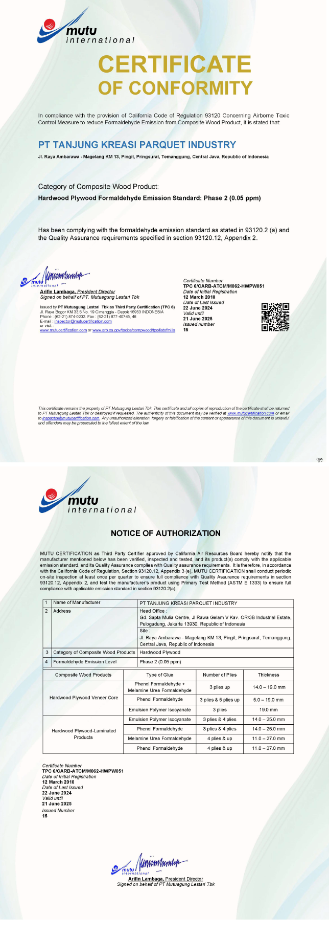 Mutu Certificate CARB